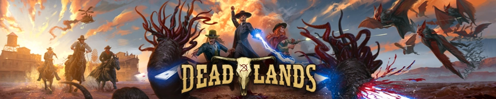 Wild west town at sunset with cowboys, mysterious fog, and supernatural creatures - Deadlands Weird West setting