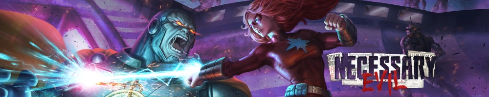 Savage Worlds superhero setting - costumed heroes with powers, city skyline, comic book action