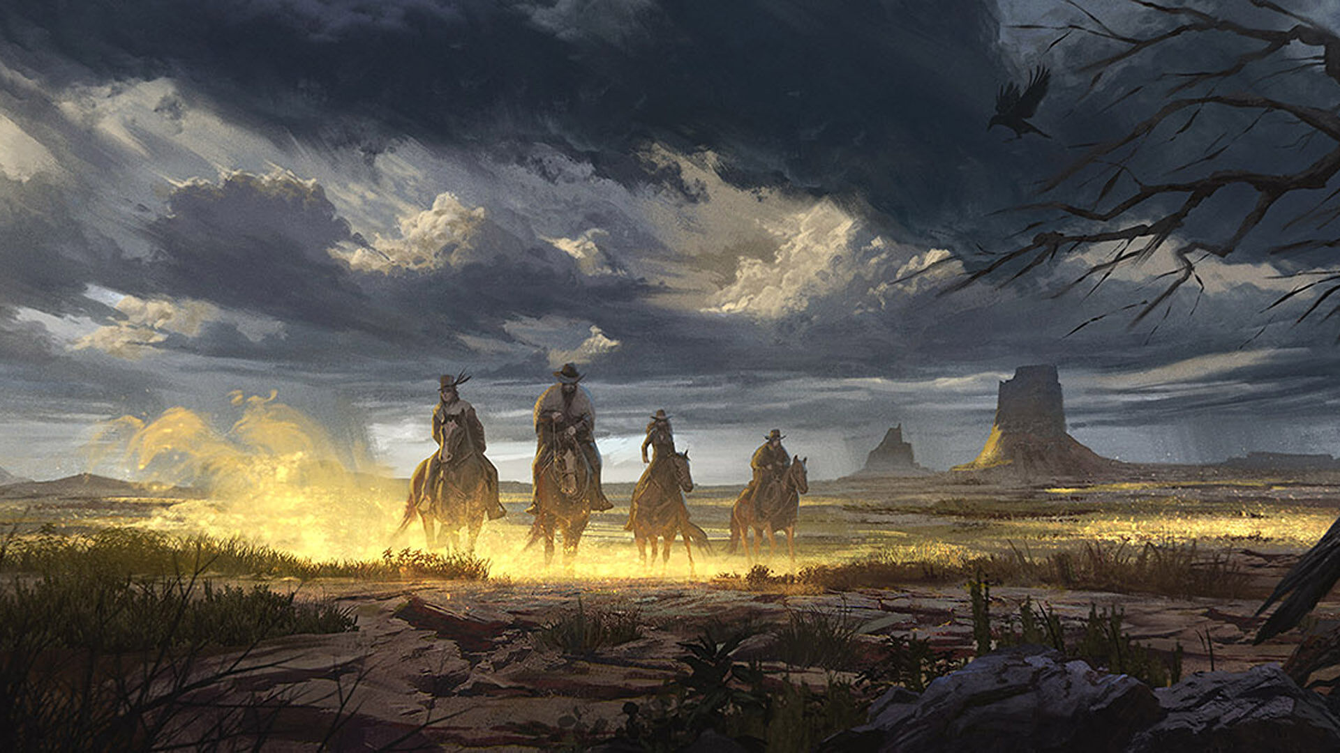 Wild west town at sunset with saloon, cowboys with six-shooters, mysterious fog, undead creatures, mad scientist contraptions - Deadlands weird west atmosphere