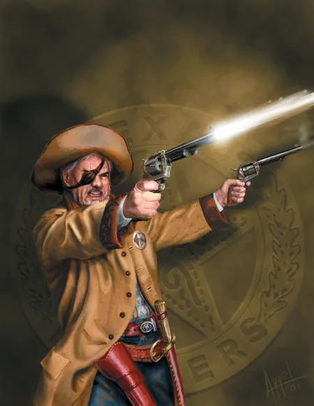 Deadlands gunslinger character with dual revolvers, cowboy hat, duster coat standing in dusty street