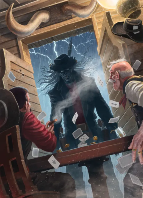 Deadlands huckster character with playing cards floating in air, arcane energy, mysterious saloon background