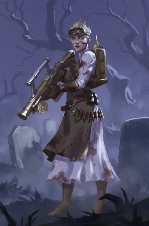 Deadlands mad scientist with ghost rock powered contraption, goggles, lab coat in workshop with steam and gears