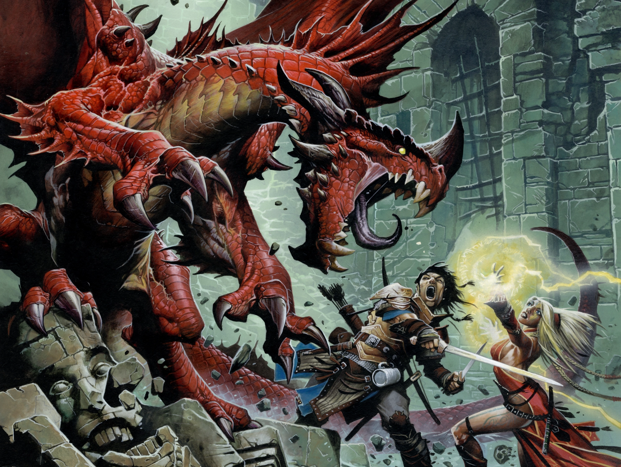 Epic fantasy castle with wizards, warriors, dragons in flight - Savage Pathfinder high fantasy adventure in Golarion